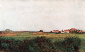 Farma La Belle Alliance a mohyla s belgickým lvem, Waterloo (barevná litografie)