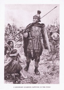 Legionář hlídající zajatce na poli, ilustrace z Římského vojáka, 1928