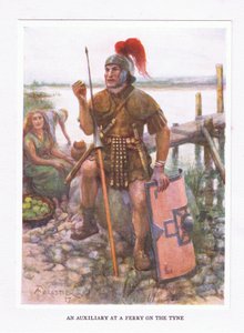 Pomocný oddíl na přívozu na řece Tyne, ilustrace z knihy Římský voják, 1928