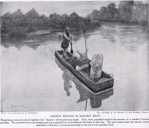 Starověcí Britové na vykopané lodi, ilustrace z „Hutchinsonovy historie národů“, kolem roku 1910