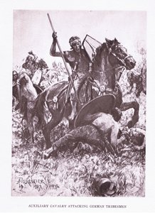 Pomocná jízda útočící na německé domorodce, ilustrace z The Roman Soldier, 1928 od Amedee Forestier