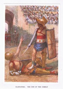 Gladiátoři, konec boje, ilustrace z The Roman Soldier, 1928 od Amedee Forestier