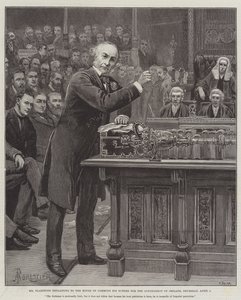 Pan Gladstone vysvětluje Dolní sněmovně svůj plán vlády v Irsku, čtvrtek 8. dubna.