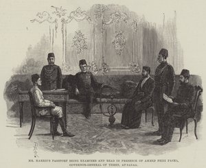 Pas pana Harrise je zkoumán a čten za přítomnosti Ahmeda Feiziho Paši, generálního guvernéra Jemenu, v Sanaa od Amedee Forestier