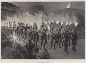 Naši císařští hosté, příjezd cara a carevny na Balmoral v doprovodu horalů s pochodněmi od Amedee Forestier