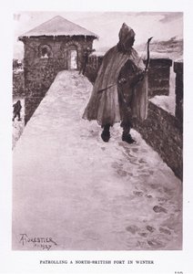 Hlídkování severobritské pevnosti v zimě, ilustrace z The Roman Soldier, 1928 od Amedee Forestier