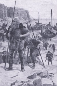 Vikingové nacházejí Ameriku, z My Magazine, pub. 1922 (litho) od Amedee Forestier
