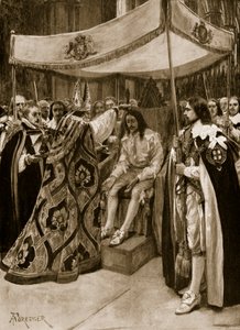 Pomazání Karla I. Georgem Abbotem, arcibiskupem z Canterbury, ve Westminsterském opatství, na Candlemas Day, 1626, z „The Illustrated London News“, 1902 od Amedee Forestier