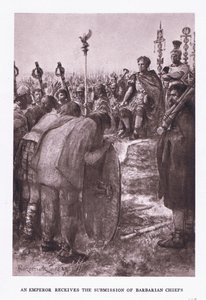 Císař přijímá podání barbarských náčelníků, ilustrace z římského vojáka, 1928