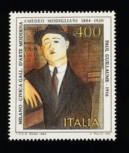 Poštovní známka z italské umělecké série k poctě Amedeo Modigliani (1884-1920), zobrazující Portrét Paula Guillauma (1916), známka 400 lir