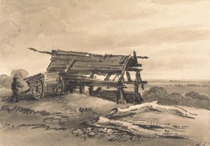 Pohled na Harrow: s farmářským dělníkem, vozíkem a zničenou stodolou od Amelia Long