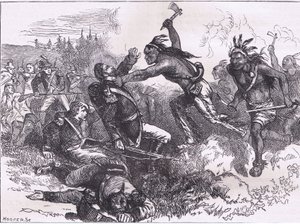 Útok indiánů ve Fort Dearborn, ilustrace z Cassells History of the United States, vydané Cassell, Petter & Galpin, kolem roku 1900 (litho)