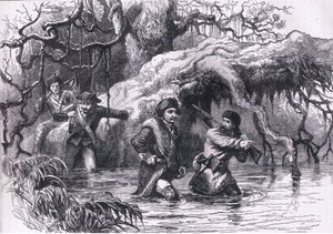 Clarke a jeho vojáci překračující Wabash, ilustrace z Cassells History of the United States publikovaná Cassell, Petter & Galpin, kolem roku 1900 (litho) od American English school