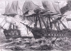 Boj mezi Chesapeake a Shannon, ilustrace z Cassells History of the United States publikovaná Cassell, Petter & Galpin, kolem roku 1900 (litho)