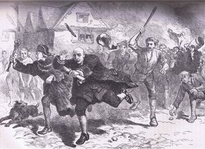 Útěk Hutchinsona před vzbouřenci 1766, ilustrace z Cassells History of the United States, vydané Cassell, Petter & Galpin, kolem roku 1900
