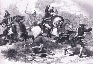 Rout of the loajální rekruty, ilustrace z Cassells History of the United States vydané Cassell, Petter & Galpin, kolem roku 1900 (litho)