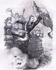 Seržant Jasper získává vlajku, ilustrace z Cassells History of the United States, vydané Cassell, Petter & Galpin, kolem roku 1900 (litho) od American English school