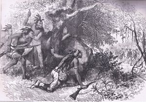 Treachery of the Cherokees 1760, ilustrace z Cassells History of the United States publikovaná Cassell, Petter & Galpin, kolem roku 1900 (litho)