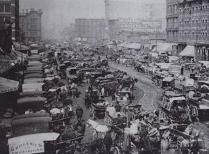 Haymarket Square plné koňských povozů, Chicago od American Photographer