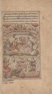Hinduističtí a muslimští učenci Překládají Mahábháratu ze sanskrtu do perštiny, z Razmnamy (knihy války) c. 1598-1599 (neprůhledný akvarel, inkoust a zlato na papíře) od American Photographer
