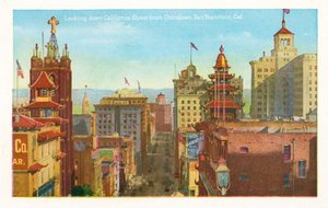 Pohled z Čínské čtvrti na ulici California Street, San Francisco, Kalifornie (kolorovaná fotografie) od American Photographer