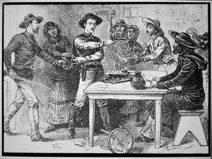 Texas Rangers zatýkání mexického psance, kolem roku 1880 (rytina) od American Photographer