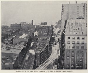 Tam, kde se rozcházejí vyvýšené železniční tratě Šestá a Devátá Avenue (černobílá fotografie) od American Photographer