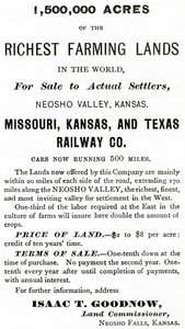 1 500 000 akrů nejbohatších zemědělských pozemků na světě, v údolí Neosho, Kansas, reklama od Appletons Journal, 4. května 1872 od American School