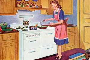 40. léta 20. století domácí kuchařka vařící večeři ve své vysněné kuchyni od American School