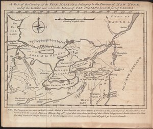 Mapa země Pěti národů, patřící k provincii New York, a jezer, u nichž žijí národy vzdálených indiánů, s částí Kanady, autor Cadwallader Colden od American School