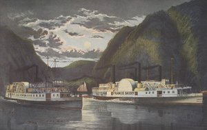 A Night on the Hudson - Through at Daylight, hospoda. 1864, Currier & Ives od American School