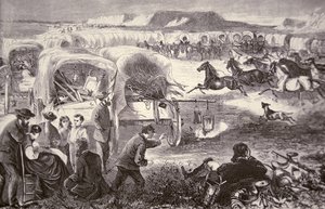 Vagón se zformoval do ohrady na Oregon Trail od American School