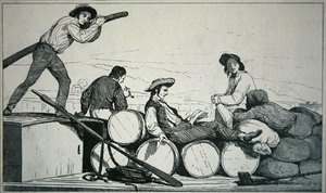 Plochý člun převážející náklad na řece Mississippi, kolem roku 1840 (rytina) od American School