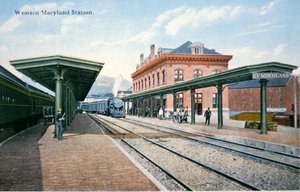 Pohlednice ze stanice Western Maryland, Cumberland, Maryland (barevné lito) od American School