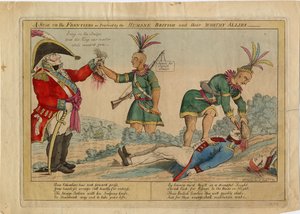 Scéna na hranicích, jak ji praktikovali humánní Britové a jejich důstojní spojenci, kolem roku 1813 (ručně kolorovaný lept) od American School