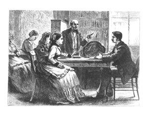 Žena vyjednává s manažerem továrny, kterému pomáhá poradce z nového Working Womens Protective Association Susan B. Anthony, 1860-70s od American School