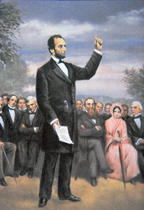 Abraham Lincoln (1809-65) s adresou Gettysburgu v Gettysburgu, Pennsylvania, listopad 1863 (barevné lito) od American School