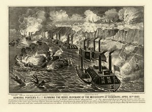 Flotila admirála Portera provozující rebelskou blokádu Mississippi u Vicksburgu, 16. dubna 1863, hospoda. 1863 (rytina) od American School