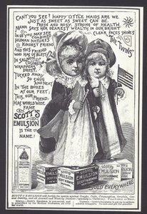 Reklama na Scottovu emulzi pro léčbu kašle, nachlazení a jiných onemocnění, konec 19. století (litho) od American School