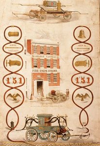 Reklama pro Abrahama Vannesse, stavitele požárních aut a výrobce hasičské techniky, hospoda. od Geo. G. Gratacap, New York, cca 1850 (litho) od American School