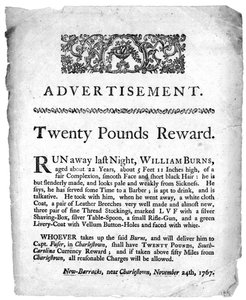 Reklama na odměnu dvacet liber za dopadení Williama Burnse, otištěná v novinách Charleston, Jižní Karolína, 1767 (tisk)