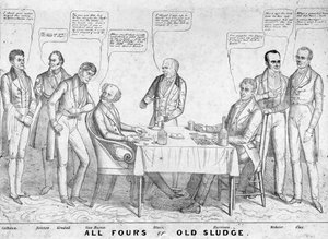 Všichni čtyři aneb Stará břečka, politická karikatura zobrazující prezidenta Martina Van Burena (1782-1862), jak hraje karty proti Williamu Henrymu Harrisonovi (1773-1841) uprostřed dalších státníků a politiků, 1836 (litografie) od American School