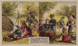 Americká obchodní karta reklamní šicí stroje a olejová kamna vyráběná Florence Machine Company, Massachusetts, c1880s od American School