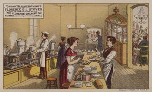 Americká obchodní karta reklamní šicí stroje a olejová kamna vyráběná Florence Machine Company, Massachusetts, c1880s od American School