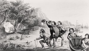Amerigo Vespucci přistává v Novém světě, z knihy „Život a cesty America Vespucia“, kterou vydal Horace Mansfield, New Haven, Connecticut, 1853 od American School