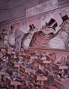 Protimonopolní karikatura „šéfů v Senátu“ od American School