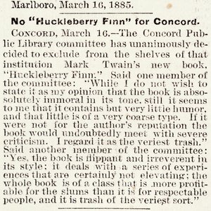 Článek v Boston Daily Globe o zákazu Huckleberryho Finna v Concordu, Massachusetts, od 16. března 1885 (novinový tisk) od American School