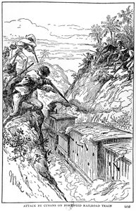 Útok Kubánců na opevněný železniční vlak, ilustrace z knihy The Story of Cuba od Murata Halsteada, vydané v roce 1898. od American School