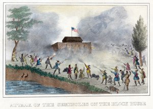 Útok Seminolů na Block House, hospoda. 1836 (ručně kolorovaná rytina) od American School