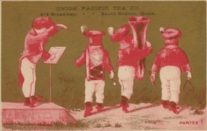 Kapela inzerující Union Pacific Tea Co, South Boston od American School
